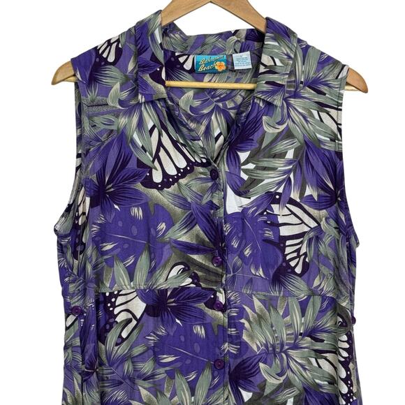 Vintage Bahama Beach Size Large Purple Tropical Butterfly Print Shirt Dress - Picture 2 of 8